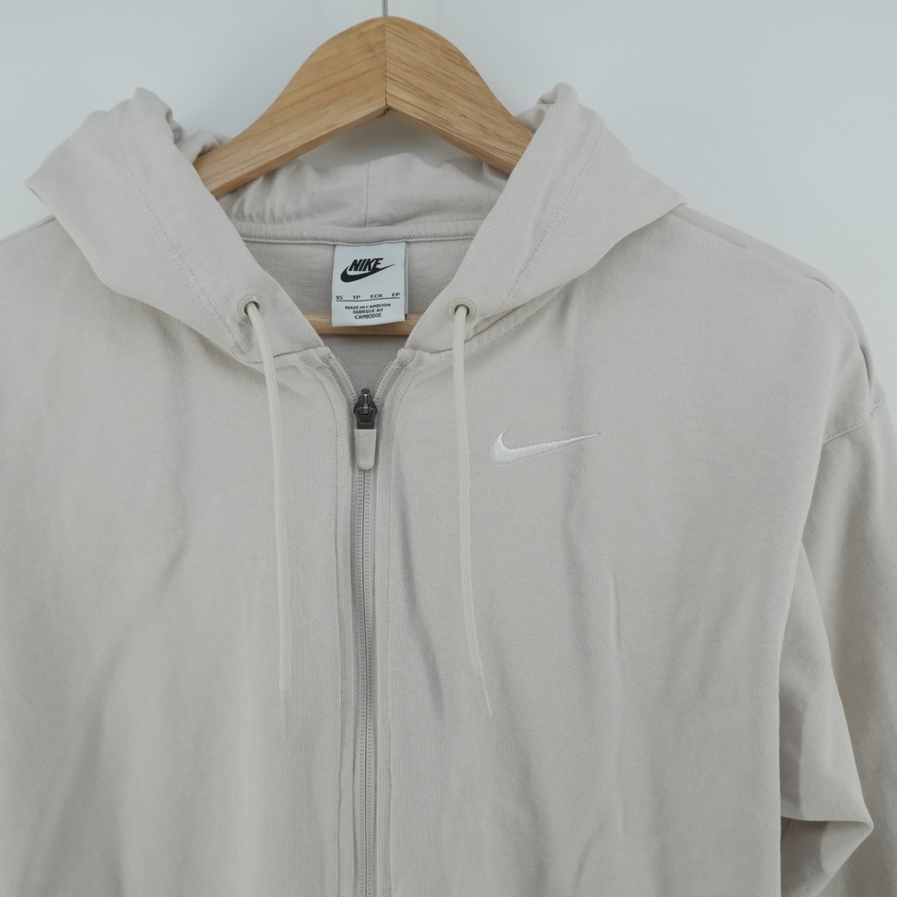 Nike Full Zip Hoodie Womens XS Beige Embroidered Swoosh Fleece Jacket Layers Y2k